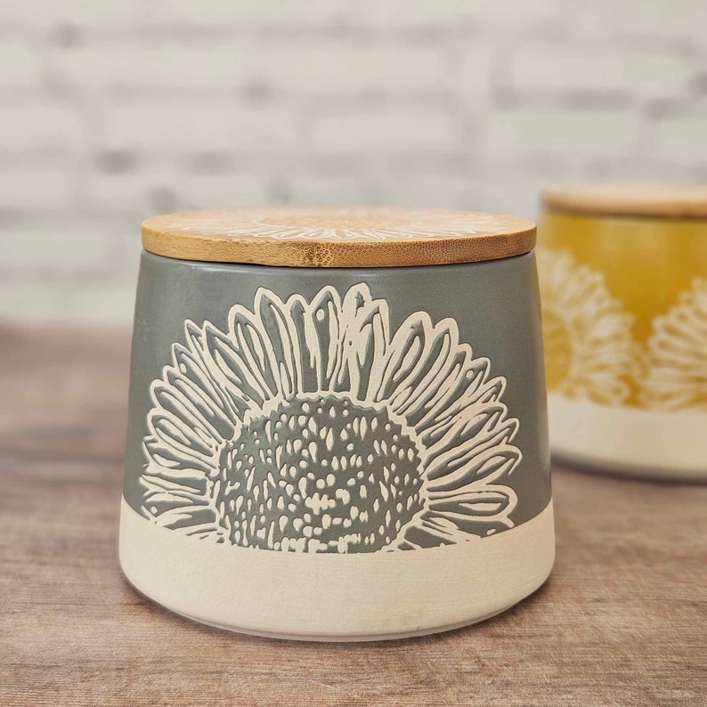 Yellow And Grey Stoneware Canisters For Tea Or Coffee Storage Sunflower Details And Bamboo Lid Handcrafted Design Kitchen Canisters Gifts image 2