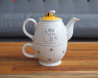 Tea For One Cute Small Teapot With A Cup Bee Theme Honeycomb Lid With A Bee Knob Birthday Gifts