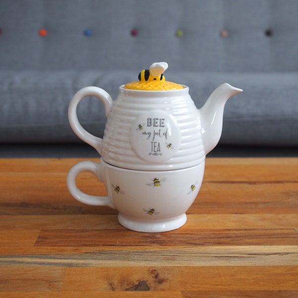 Tea For One Cute Small Teapot With A Cup Bee Theme Honeycomb Lid With A Bee Knob Birthday Gifts