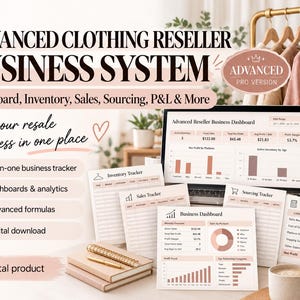 May include: Advanced Clothing Reseller Business System digital download featuring a dashboard, inventory, sales, and sourcing trackers. Includes a computer screen displaying business analytics, printed spreadsheets, a notebook, and a pen.