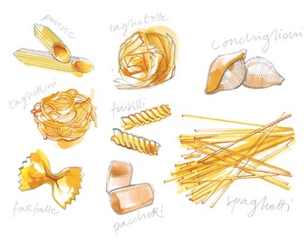 Italian pasta shapes art print, Food illustration, Kitchen wall, Kitchen decor, Watercolour, Italian food, Pasta, Poster, Pasta lovers