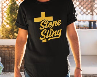 Stone & Sling Logo T-Shirt, Christian Cross Typography