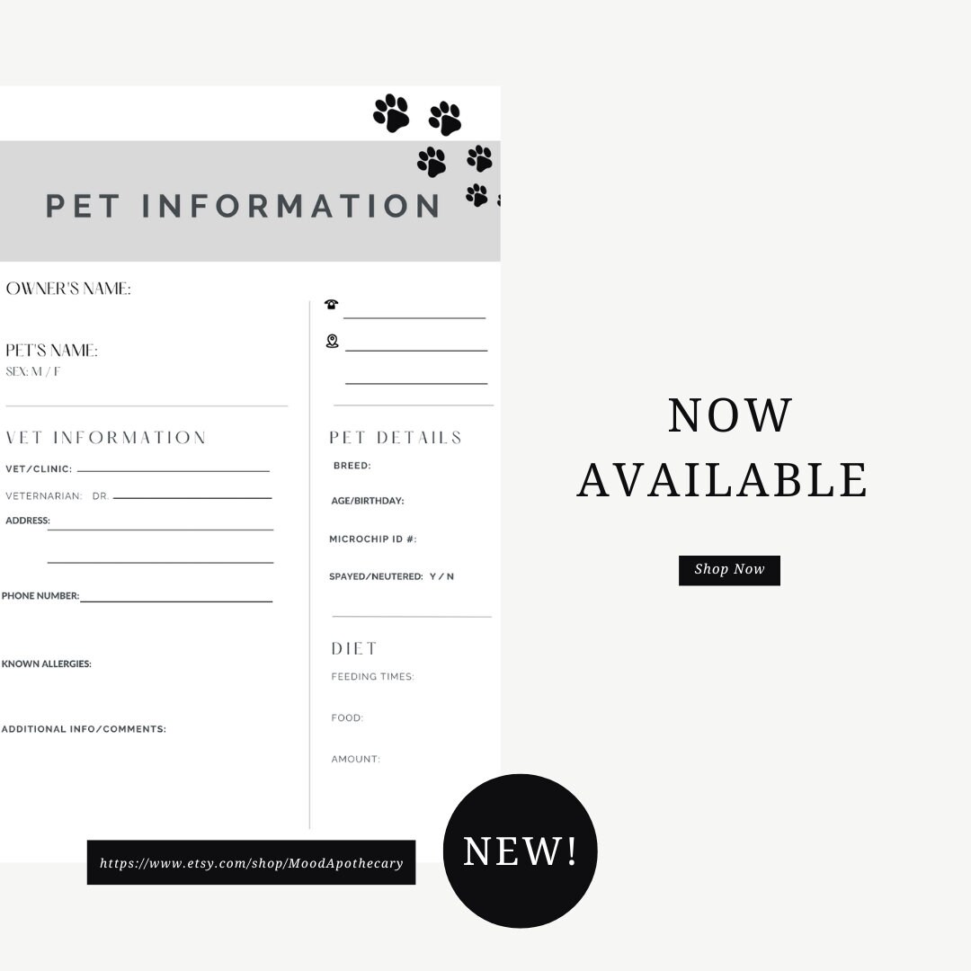 Pet Information Sheet Fillable & PDF includes Vet Information Etsy