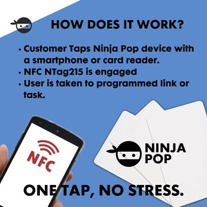 May include: A smartphone displaying an NFC logo is held in front of a blue background. The text "HOW DOES IT WORK?" and bullet points describe the process. The Ninja Pop logo and the text "ONE TAP, NO STRESS" are also visible.