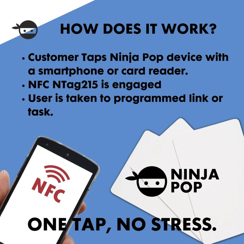 May include: A smartphone displaying an NFC logo is held in front of a blue background. The text "HOW DOES IT WORK?" and bullet points describe the process. The Ninja Pop logo and the text "ONE TAP, NO STRESS" are also visible.