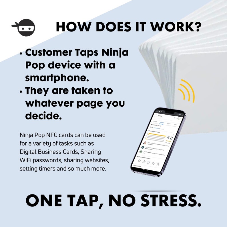May include: A promotional image with the text "HOW DOES IT WORK?" and "ONE TAP, NO STRESS." It shows a smartphone displaying a review page, a stack of white cards, and a ninja logo. The text explains the functionality of Ninja Pop NFC cards.