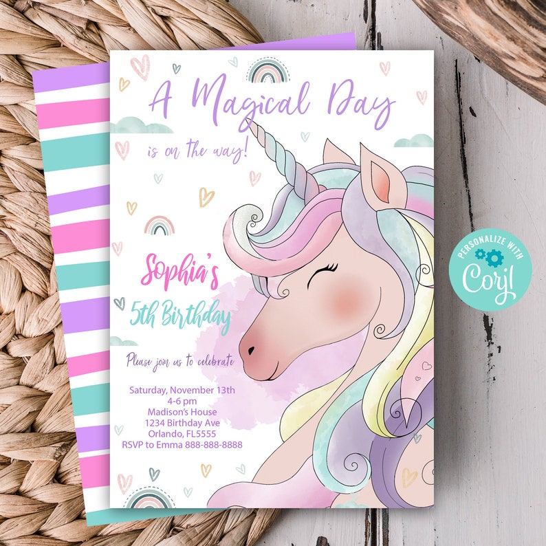 Editable Unicorn Invitation Unicorn Birthday Invitation Etsy