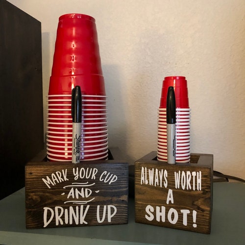 Mark Your Cup & Drink Up! Party Cup Dispenser Purple and Green Double Solo Cup Holder with Marker Party Decor