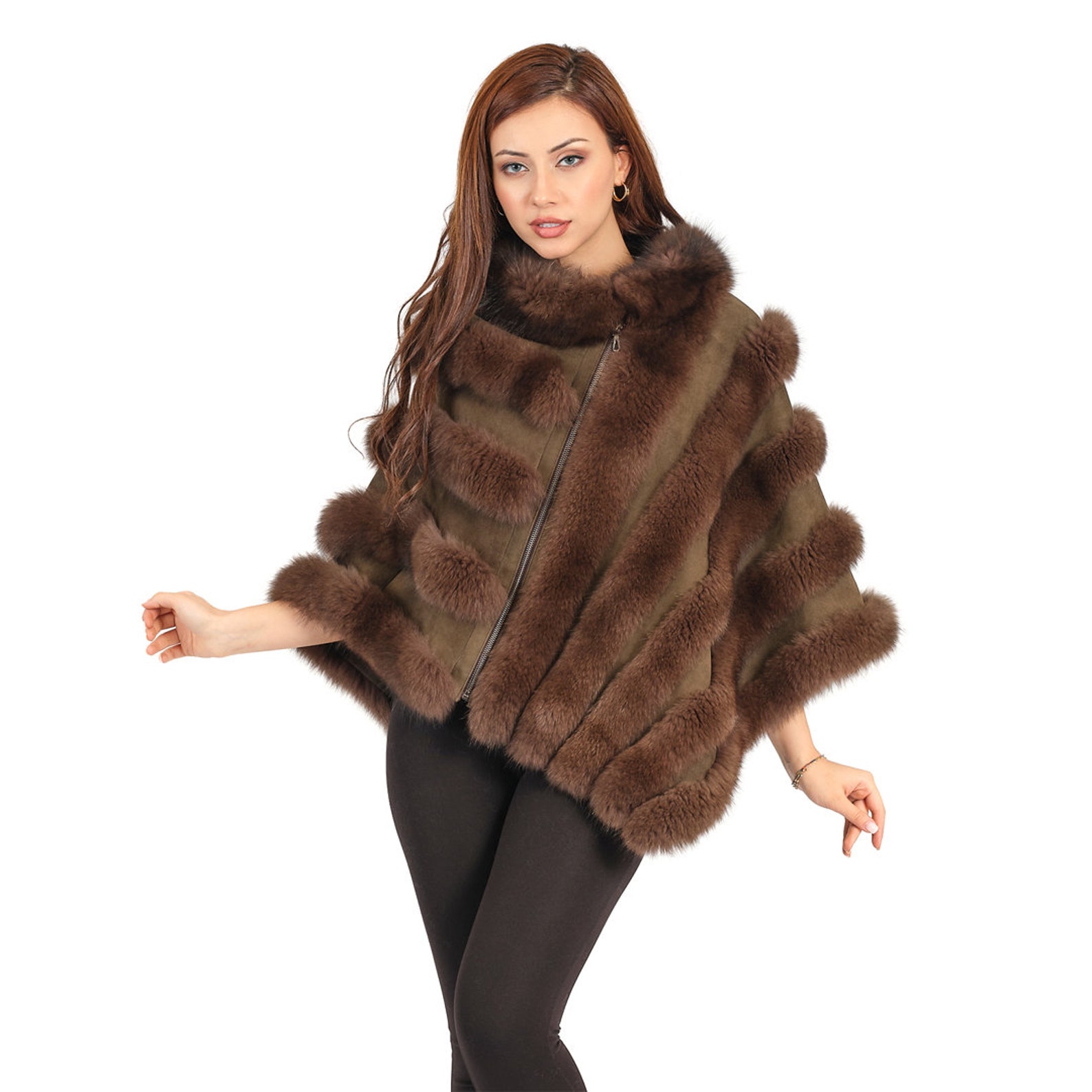 Women Fox Fur Vest Striped Pattern and Bat Sleeve Cloak
