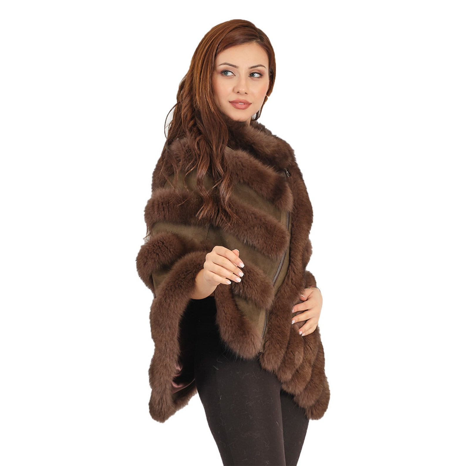 Women Fox Fur Vest Striped Pattern and Bat Sleeve Cloak