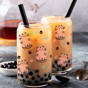 Kawaii Cat Coffee Cup Glass Cup With Bamboo Lid, Glass Cup With Lid and  Straw, Boba Cup, Cute Cat Stuff, Kawaii Cat, Paws Boba Cup 