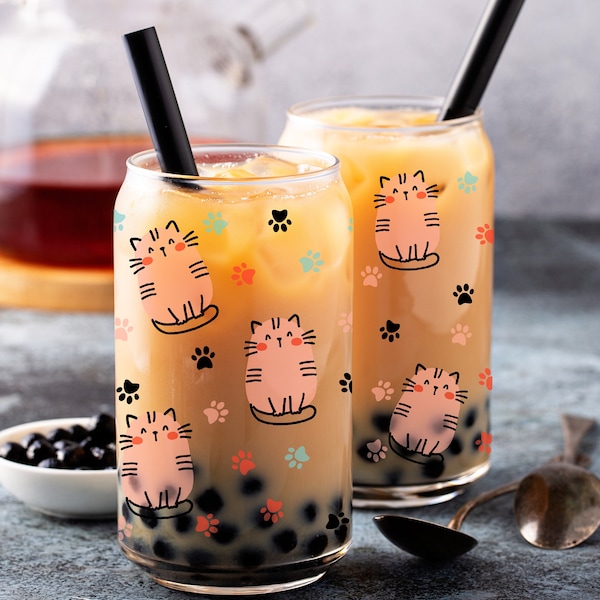 Kawaii Katzen-Kaffeetasse, Glastasse mit Bambusdeckel, Glastasse mit Deckel und Strohhalm, Boba-Tasse, süße Katzensachen, Kawaii-Katze, Pfoten-Boba-Tasse