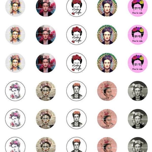 DIGITAL DOWNLOAD, Frida Kahlo, 14 mm circles, Frida Kahlo cabochon, Frida Kahlo cameo, handmade pendants, 40 circles, PDF