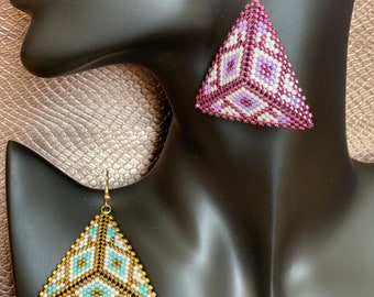 3D Geometric triangle earrings in miyuki beads, “Diamond” pattern