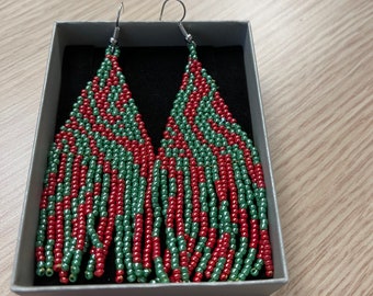 Boucles d’oreilles zébrées perlées, boucles d’oreilles perlées à grandes franges avec motif zébré/ Zebra de couleur Rouge_Vert