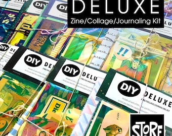 May include: A collection of DIY Deluxe Zine/Collage/Journaling Kits packaged in clear plastic sleeves. Each kit features a white label with black text reading DIY DELUXE ZINE/COLLAGE/JOURNALING KIT and is tied with twine or colorful string.