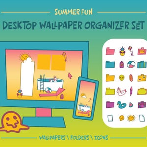 May include: A digital desktop wallpaper organizer set featuring a computer monitor and smartphone displaying a summer-themed background with a pool, sun, and unicorn float. Includes a collection of colorful folder and icon graphics.
