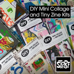 Puede incluir: Una colección de kits de mini collage y mini fanzines DIY con diversos elementos de papel, tarjetas impresas, patrones coloridos, ilustraciones de estatuas y etiquetas de texto. Los kits están empaquetados con bandas de papel blanco con DIY.