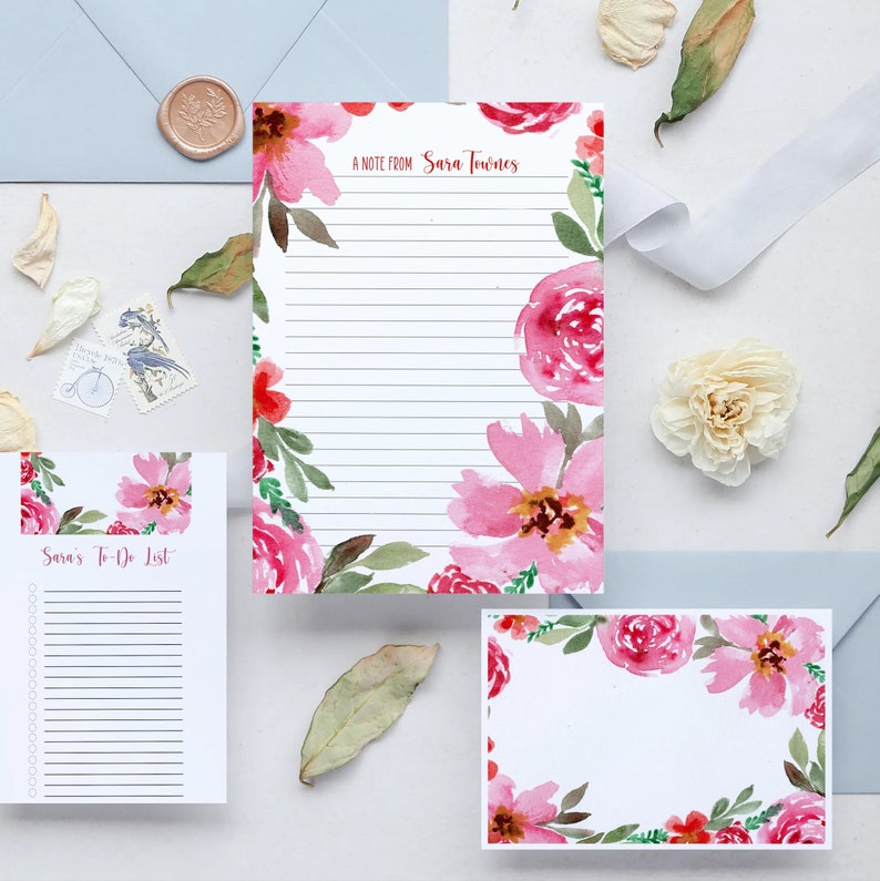 Roses in Cosmos Personalized Stationery Set Pen Pal Writing Set Flower Blooms Gift for Mom