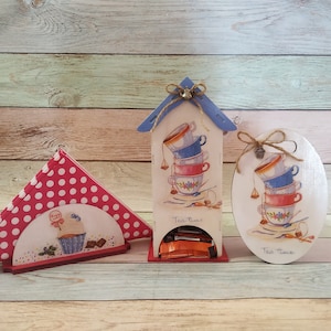 Juego de cocina/ Casa de té Decoupage/ Caja de almacenamiento de té/ Caja de té de madera/Soporte de servilleta/Un conjunto de tres artículos