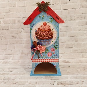 Tea House with Cake Decoupage Tea Storage Box Wooden Tea Bag Storage Box Tea Box Organizer for Mother&#39;s Day Gift