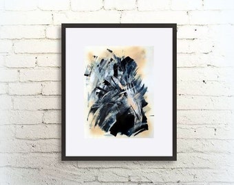 May include: Abstract painting in a black frame. The painting features a mix of black, white, and gray brushstrokes on a beige background.