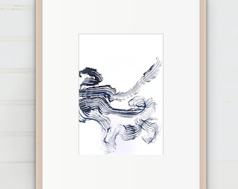 Donkerblauwe abstracte kunst, eenvoudige lijnen blauw kunstwerk, klein kunstwerk in wit en blauw, levendig origineel werk op papier, toevoeging aan galerijmuur
