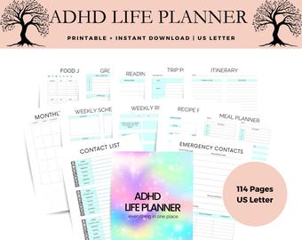 May include: A collection of printable ADHD Life Planner pages, including monthly, weekly, and daily planning sheets. The planner features a colorful cover and includes sections for food, reading, and emergency contacts. The planner has 114 pages and is US Letter size.