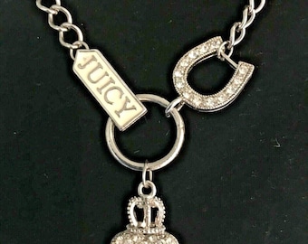 Vtg Rare Y2K Juicy Couture Charm Necklace CZ Hearted Crown Horseshoe Silver