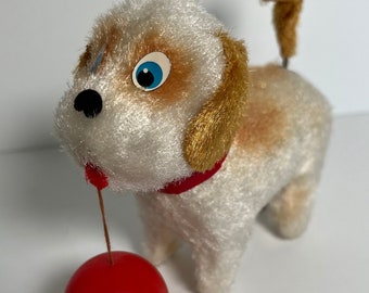 Vintage Wind-Up Dog Toy w/Red Ball White & Tan Terrier 1960s