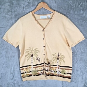 Alfred Dunner Women&#39;s Short Sleeve Button Up Sweater Monkey Jungle Design Size M