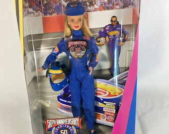 Vtg NASCAR Hot Wheels Barbie Doll 50th Anniversary Blonde Mattel #20442 1998