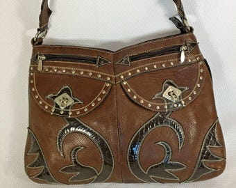 Vintage Pebble Leather Large Shoulder Bag Purse Brown Decorative Design Western