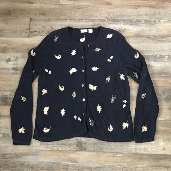 Vtg Christopher Banks Cardigan Button Sweater Fall Leaves Navy