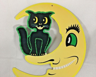 Vintage Beistle Halloween Die Cut Wall Decoration &quot;Black Cat on Half Moon&quot; 14&quot;