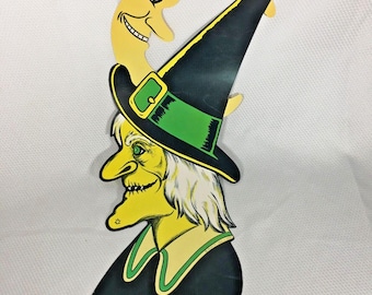 Vintage Beistle Halloween Die Cut Wall Decoration Witch w/Half Moon 23&quot;
