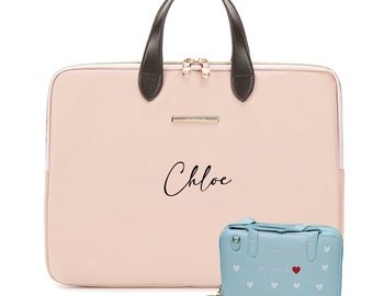 Personalised Branded Embroidered Heart Decorated Peachy Pink Clutch Bag, PU Leather Handle | 14/15 Inches Unisex Laptop Bag, Office Bag