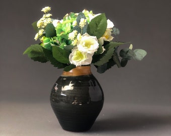 Handcrafted Ceramic Vase in Black with Brown Rim