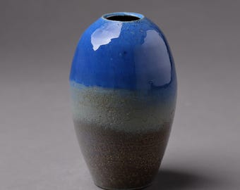 Handcrafted Ceramic Vase in Glossy Blue and Grey