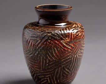 Artisan Handcrafted Porcelain Vase with Carving Textures in Brown