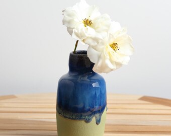Handmade Ceramic Vase/Diffuser with Narrow Neck & Running Blue Glaze