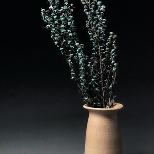 Op de afbeelding: Een beige keramische vaas bevat verschillende takken gedroogde bloemen met kleine, lichtblauwe bloesems. De vaas heeft een textuur en een uitlopende rand. De achtergrond is donkergrijs.