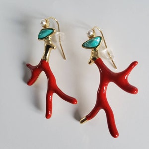 Coral Branch Earrings,  Gold Tip, Turquoise, Red, Pearl. Gift for ocean lover