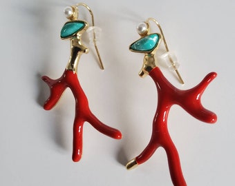 Coral Branch Earrings,  Gold Tip, Turquoise, Red, Pearl. Gift for ocean lover