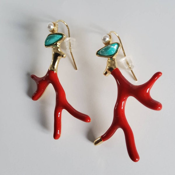 Pendientes Rama de Coral, Punta Oro, Turquesa, Rojo, Perla. Regalo para amante del océano