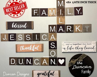 Family Word Art Tiles - Custom 4x4 Wood Tile Set - Personalized Home Decor - Rustic Family Wall Art - Gift for Loved Ones