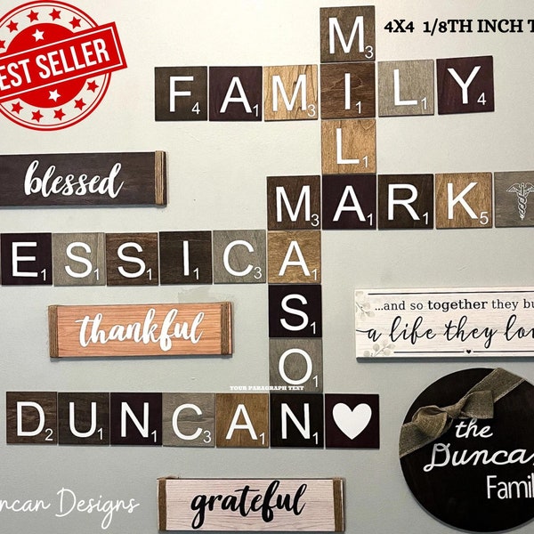 Carrelage familial Word Art - Ensemble de carreaux de bois 4 x 4 personnalisés - Décoration d'intérieur personnalisée - Art mural familial rustique - Cadeau pour les proches