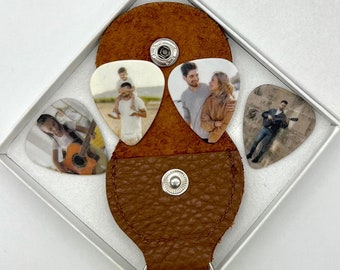 FOUR Personalised photo plectrums picks and leather carry case