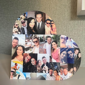 Puede incluir: Collage de fotos en forma de corazón con numerosas fotografías en color de personas. Las fotos están dispuestas para rellenar la forma del corazón, creando un elemento decorativo personalizado. Las imágenes muestran a varias personas en diferentes entornos.