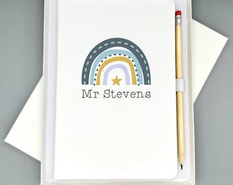 Rainbow Thank you Teacher Notepad Notebook Journal Gift - Personalised Teacher's Name - White Faux Leather